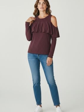 Michael Kors Cold-Shoulder Ruffle Sweater - Wine NWT